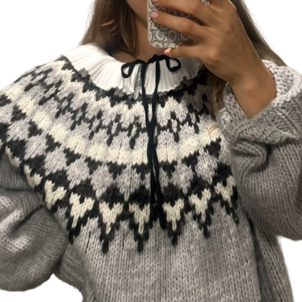 Hand Made Knit Fair Isle Elegant Gray Patterned Cottage Core Cozy Boho Preppy - Picture 3 of 7